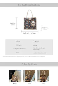 Detailed size chart and specifications for the quilted fabric tote bag with charm
