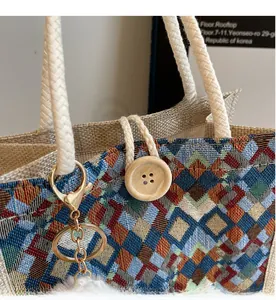 Detail of woven lattice tote bag with wooden button closure and cotton rope handles