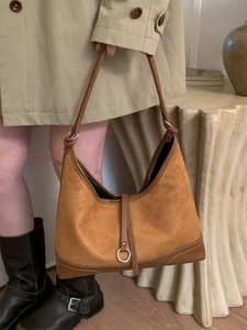 Women Retro Minimalist PU Leather Suede Patchwork Shoulder Bag Large Capacity Vintage Hobo Underarm Bag Commuter Handbag