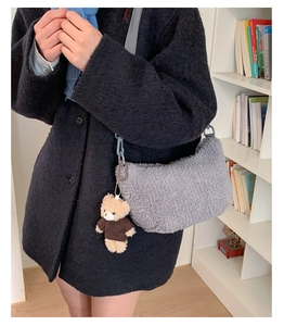 Vue détaillée d'un sac bandoulière gris en peluche avec un petit pendentif ours brun
