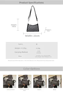 Size chart showing 23x14x6cm dimensions and polka dot bow shoulder bag specifications