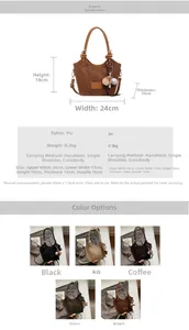Detailed size chart and multi-color options for vintage bucket bag with baseball charm