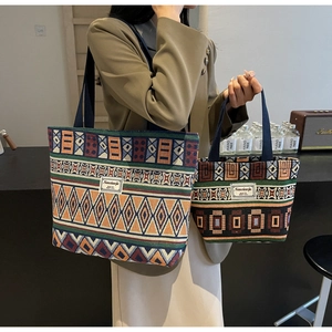 Detail of vintage geometric jacquard tote bags in two sizes with woven texture