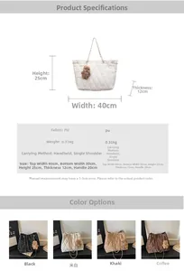 Detailed view showing the large quilted tote dimensions, chain strap, and plush charm