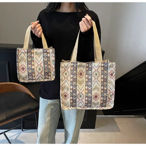 Detailed comparison of large and small woven tote bags with ethnic geometric patterns