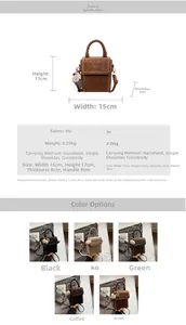 Detail view of compact vintage PU leather crossbody bag with top handle and plush charm