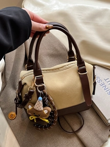 Retro beige suede Boston bag with brown leather patchwork and cute bear charm