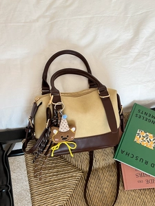 Vintage frosted Boston pillow bag in beige and coffee with cute bear pendant charm