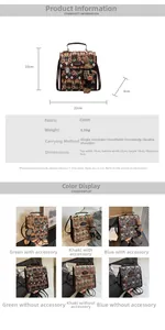Detailed dimensions of quilted rhombus bag with green, khaki, and blue color variants