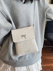 Women's Fashion Woven Bow Knot Mobile Phone Bag PU Leather Mini Crossbody Shoulder Bag Versatile Underarm Square Handbag