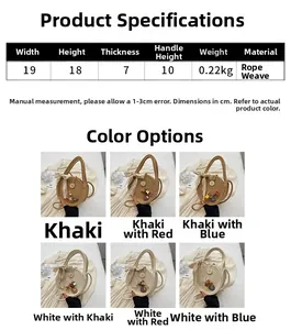 Detailed grid showing woven round handbags in six colors with lace bows and flower buttons