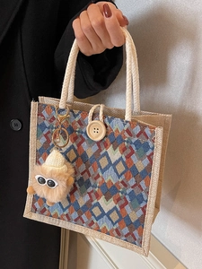 Vintage Geometric Diamond Canvas Tote Bag For Women Casual Woven Handbag With Wooden Button And Plush Monster Charm Small Bag