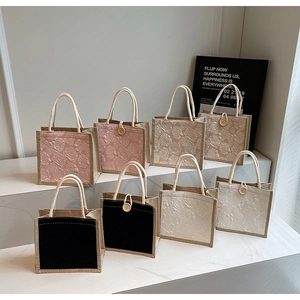 Close-up of jacquard handbags with 3D floral textures and wooden button details