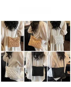 Detailed views of handmade woven envelope bags with tassels in khaki, beige, and black