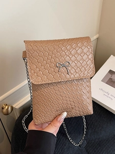 Brown woven texture small crossbody bag with silver metal bow and chain strap for women