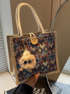 Vintage checkered linen tote bag with cotton rope handles and plush charm detail