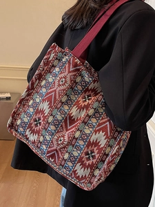Women Ethnic Style Tote Bag Bohemian Geometric Pattern Canvas Shoulder Bag Large Capacity Handbag Daily Travel Shopper