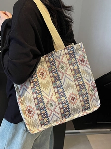 Large capacity bohemian tote bag with multi-color geometric patterns and canvas straps