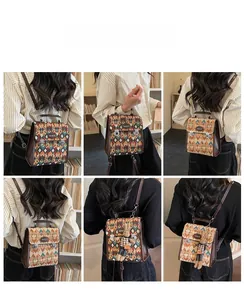 Close-up of geometric quilted backpack with metal buckles and vintage college style details