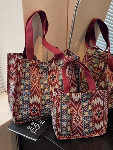 Ethnic style woven tote bag set with jacquard pattern in dark red and brown tones
