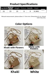 Detailed size chart of handmade straw beach bag with khaki and white color options