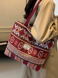Large Capacity Canvas Tote Bag For Women Vintage Ethnic Geometric Printed Shoulder Bag Retro Commuter Tote Handbag