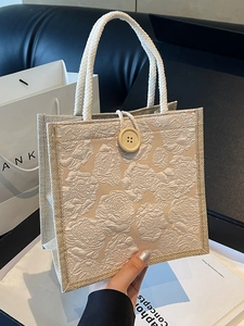 Vintage Rose Jacquard Canvas Tote Bag For Women Wooden Button Flower Handbag Casual Fashion Small Square Shoulder Bag Gift