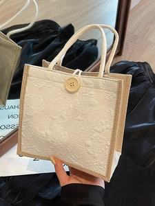 Minimalist woven handbag with 3D rose pattern and cotton rope handles for women
