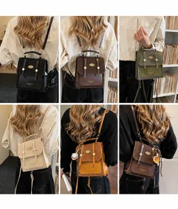 Collage van mini rugzakken van kunstleer in zes kleuren met metalen gesp en smalle riemen