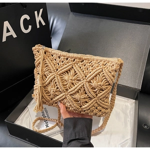Close-up of woven straw shoulder bag with geometric patterns and tassel detail