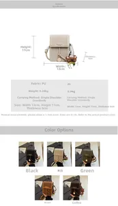 Size chart showing 13x17x6cm dimensions and material specs for the PU mini crossbody bag
