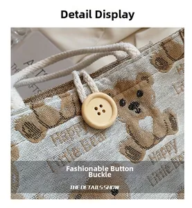 Detail of cute bear jacquard woven tote with wooden button closure and cotton rope handle