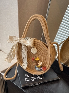 Women Round Cotton Woven Shoulder Bag Summer Beach Straw Messenger Bag With Lace Bow Floral Decoration Bohemian Handbag
