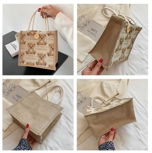 Detail of cute bear jute lunch bag featuring rustic hemp handles and wooden button closure