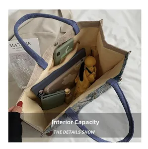 Detailed internal capacity of the canvas tote bag showing storage for tablet and umbrella