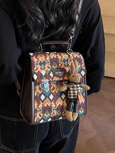 Vintage geometric quilted mini backpack with leather trim and cute bunny charm