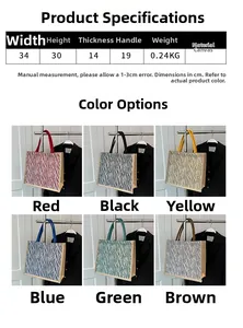 Detailed size chart and multi-color options for the large canvas zebra tote bag