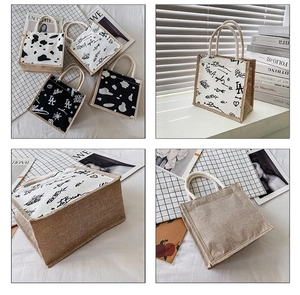 Detail of mini canvas tote bags featuring cow prints and graffiti patterns with rope handles