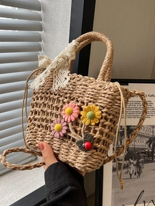 Women Woven Style Bucket Bag Lace Bow Flower Decor PU Shoulder Crossbody Handbag Summer Beach Vacation Travel Accessory Bag