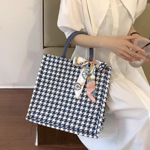 Fashion Houndstooth Tote Bag For Women Large Capacity Cotton Linen Shoulder Bag With Silk Scarf Elegant Daily Handbag
