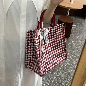 Large capacity red and white houndstooth knit tote bag with silk scarf accessory