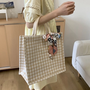 Large capacity houndstooth tote bag for women featuring stylish decorative silk scarf