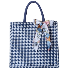 Large blue houndstooth tote bag with elegant silk scarf on handle for women