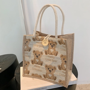 Japanese Style Cute Cartoon Bear Printed Cotton Linen Handbag Casual Mini Tote Bag With Wooden Button Cotton Rope Handle