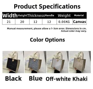 Size chart and details of the floral canvas tote bag with specific dimensions