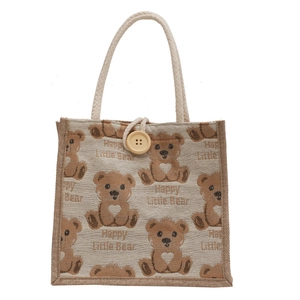 Minimalist linen tote bag with teddy bear prints, wooden button and woven rope handles