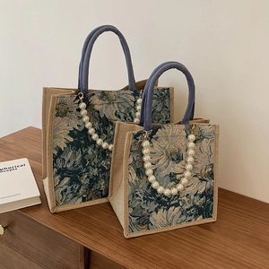 Vintage Floral Jacquard Tote Bag With Artificial Pearl Handle Women Large Capacity Cotton Linen Handbag Casual Office Shoulder Bag