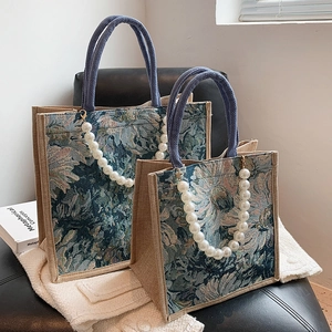 Retro floral jacquard tote bag set with blue rope handles and white pearl chain detail