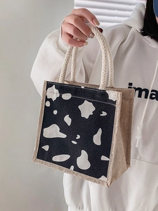 Mini jute tote bag with cow print canvas and soft cotton rope braided handles