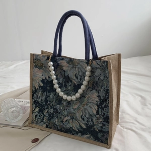 Floral jacquard tote bag with linen splicing and decorative large pearl chain detail